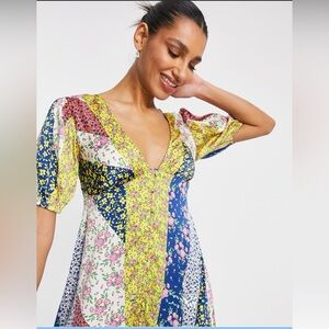 ASOS DESIGN Button Through Satin Midi Tea Dress Mixed Floral Patch Women’s XS